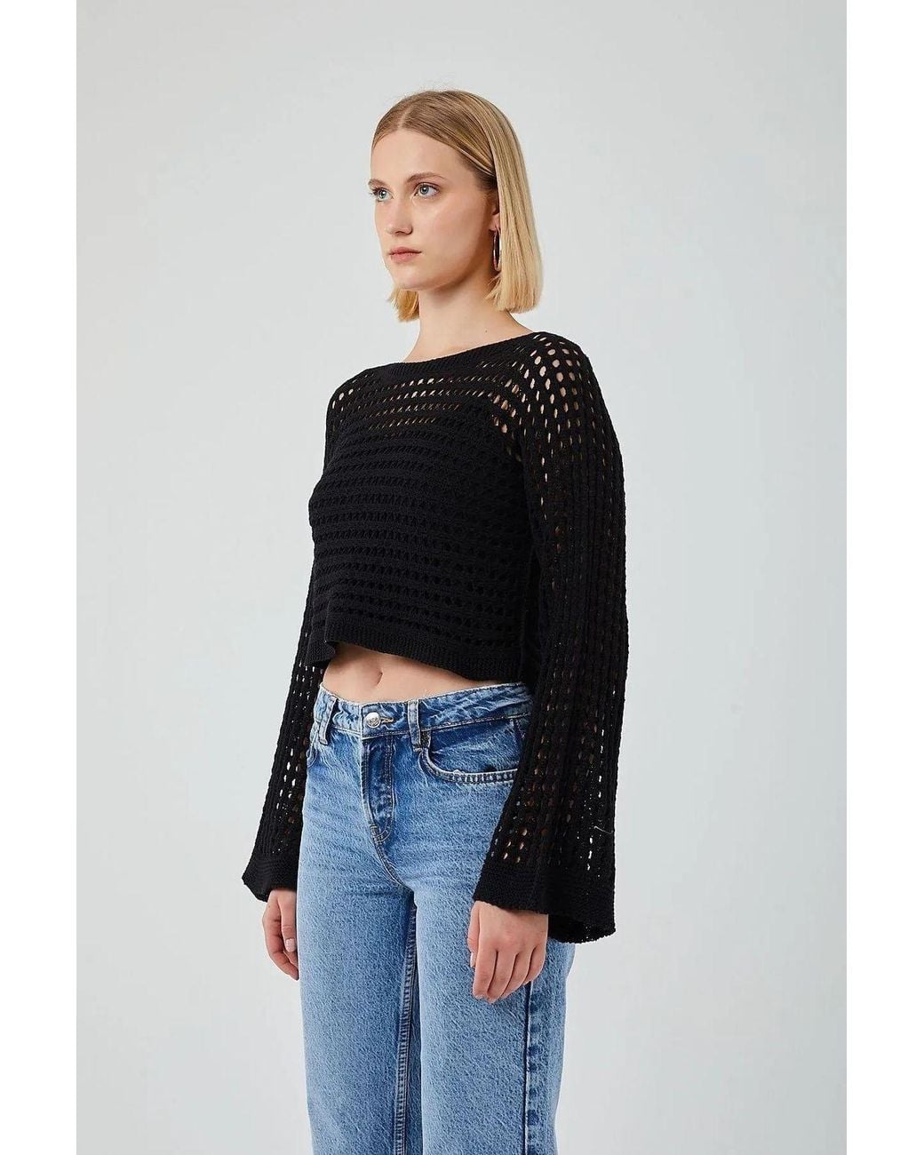 MixRay Black Relaxed Fit Crew Neck Crop Sweater