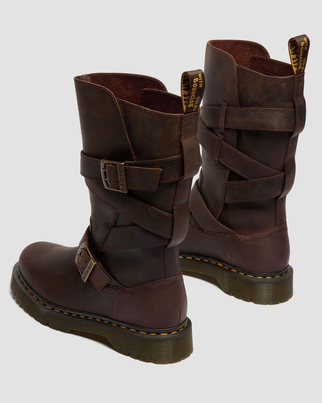 Dr. Martens Anistone Crazy Horse Leren Biker Laarzen Met Twee Riemen in het Brown