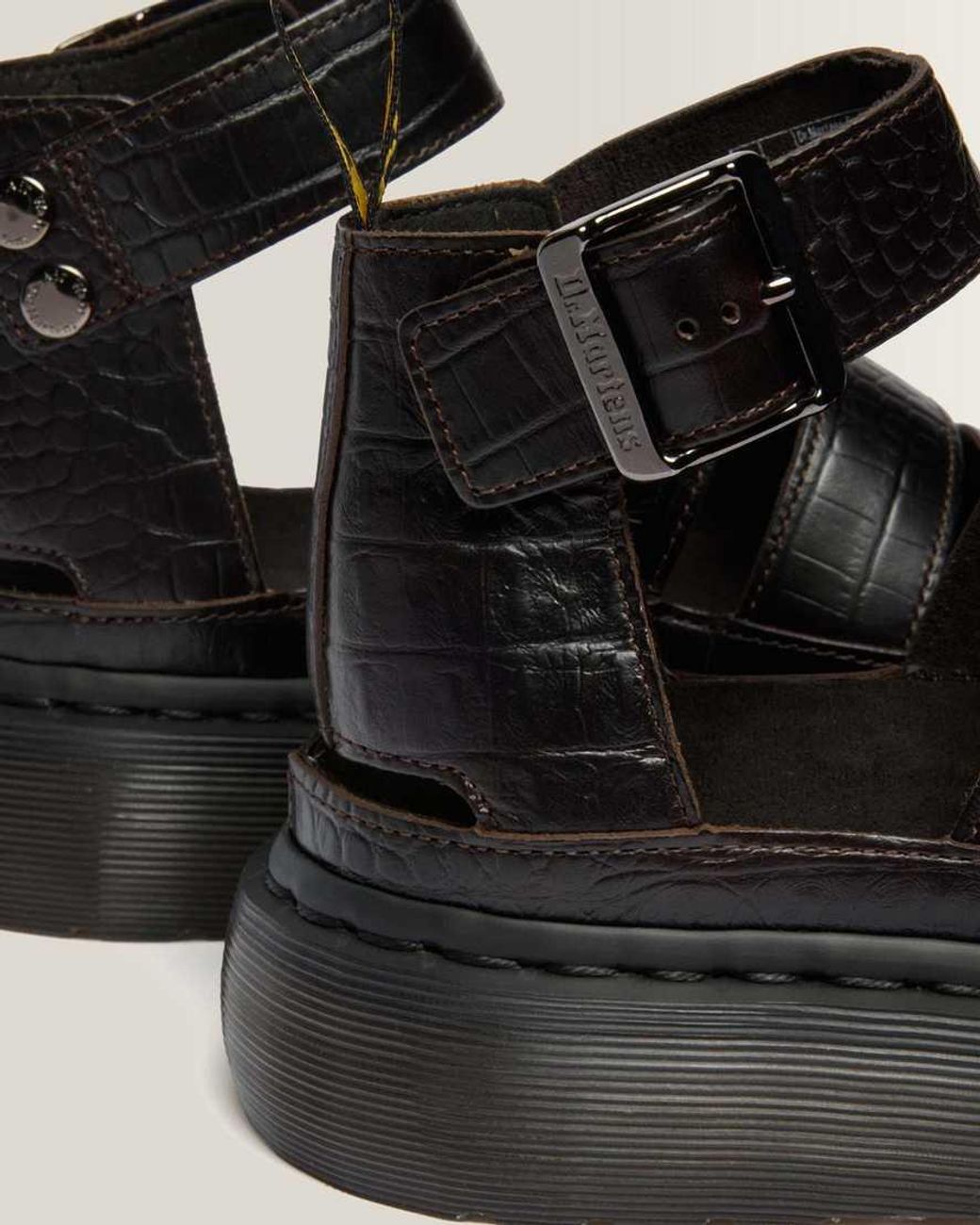 Dr. Martens Black Clarissa Strap Croc Embossed Leather Quad Sandals
