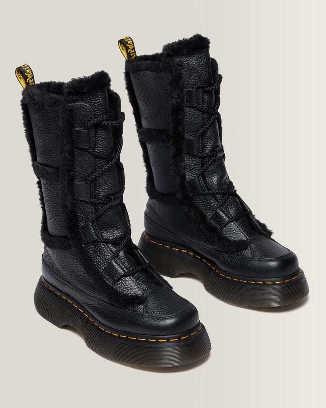 Dr. Martens Black Buzz Lace Up Faux Fur Lined Milled Nappa Leather Boots