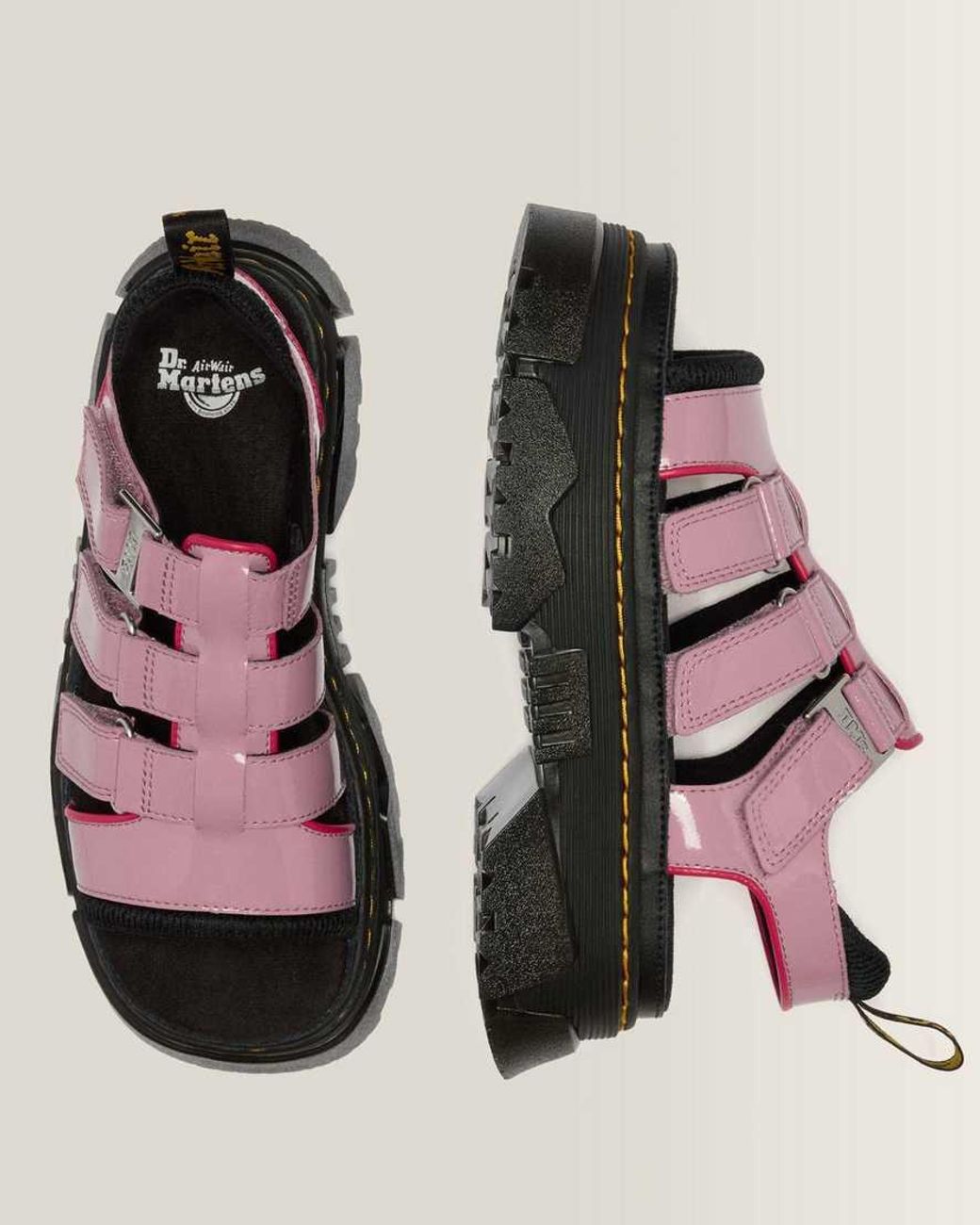 Dr. Martens Pink Mattison Three Strap Soft Patent Leather Sandals