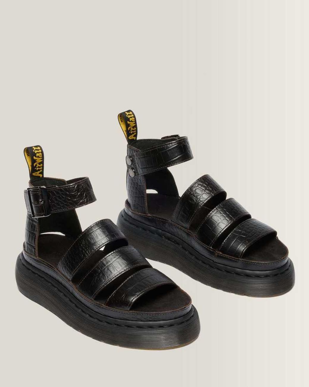 Dr. Martens Black Clarissa Strap Croc Embossed Leather Quad Sandals