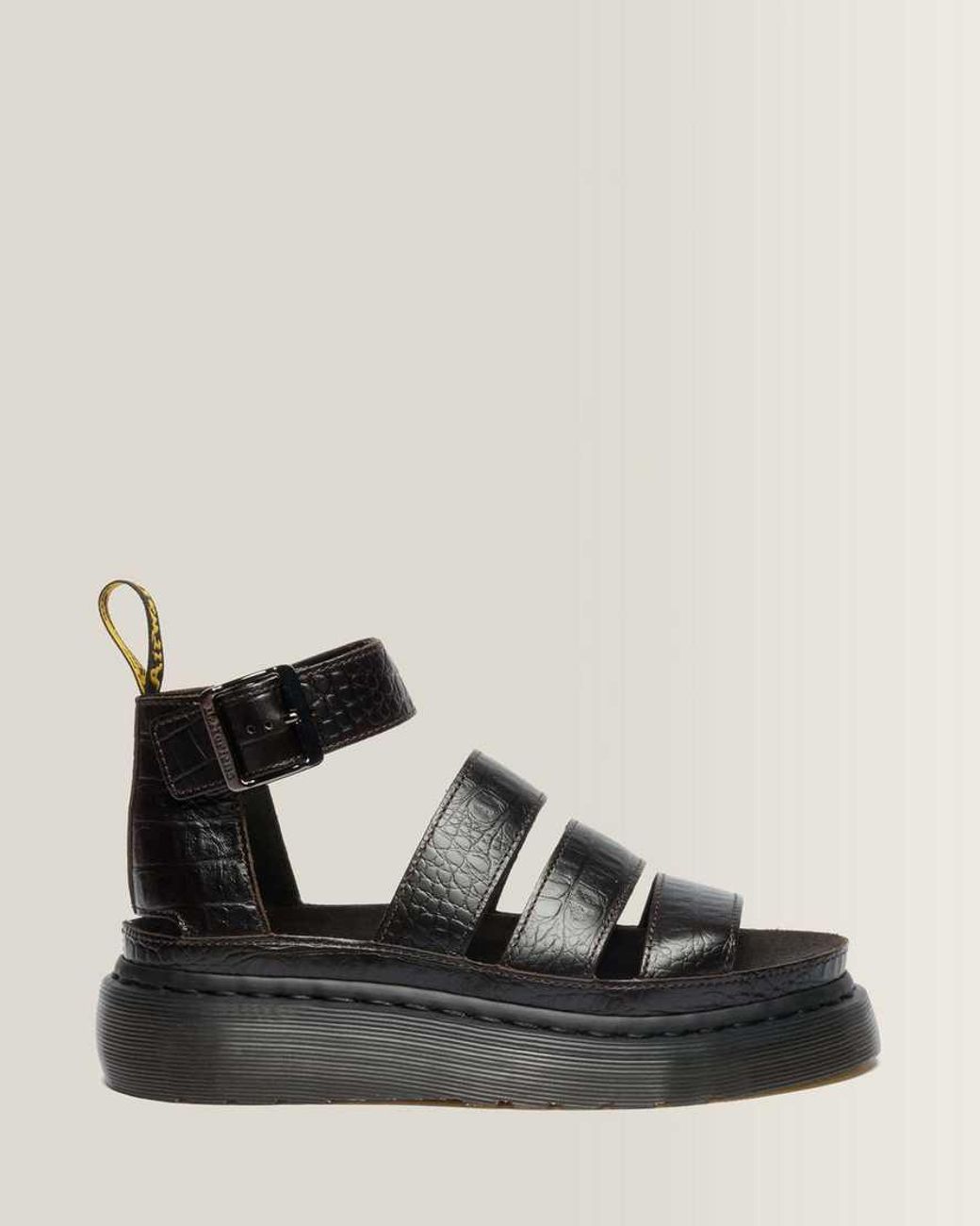 Dr. Martens Black Clarissa Strap Croc Embossed Leather Quad Sandals