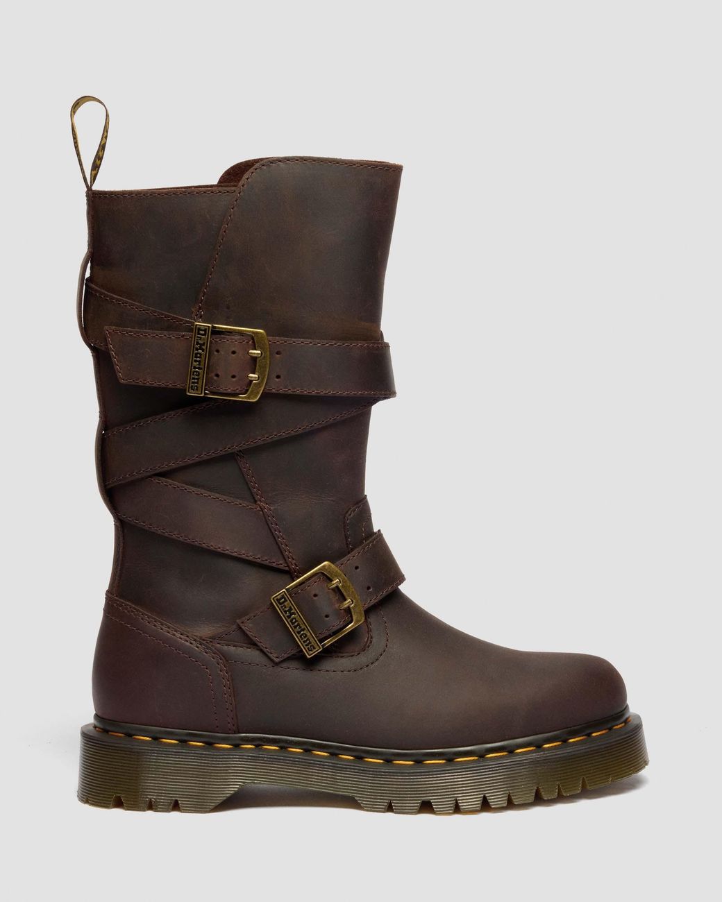 Dr. Martens Anistone Crazy Horse Leren Biker Laarzen Met Twee Riemen in het Brown