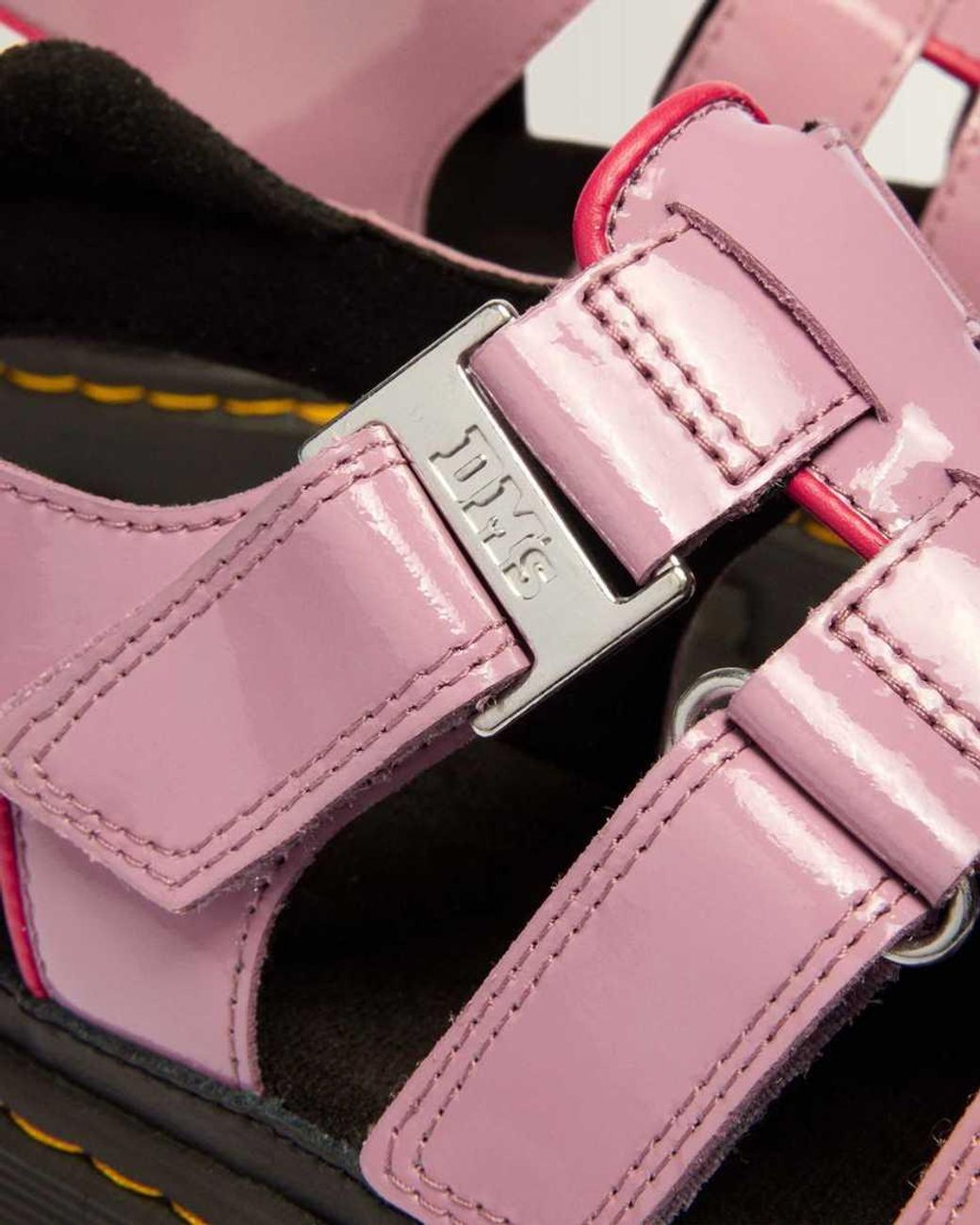 Dr. Martens Pink Mattison Three Strap Soft Patent Leather Sandals
