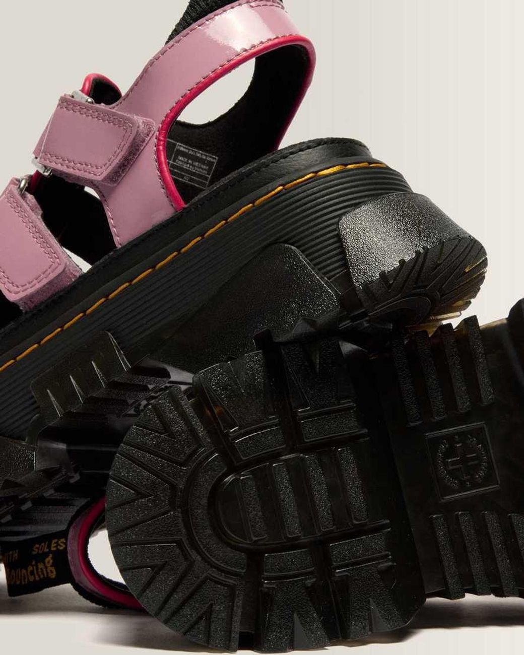 Dr. Martens Pink Mattison Three Strap Soft Patent Leather Sandals