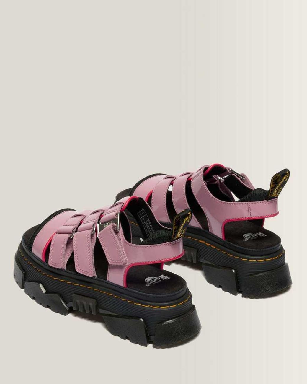 Dr. Martens Pink Mattison Three Strap Soft Patent Leather Sandals