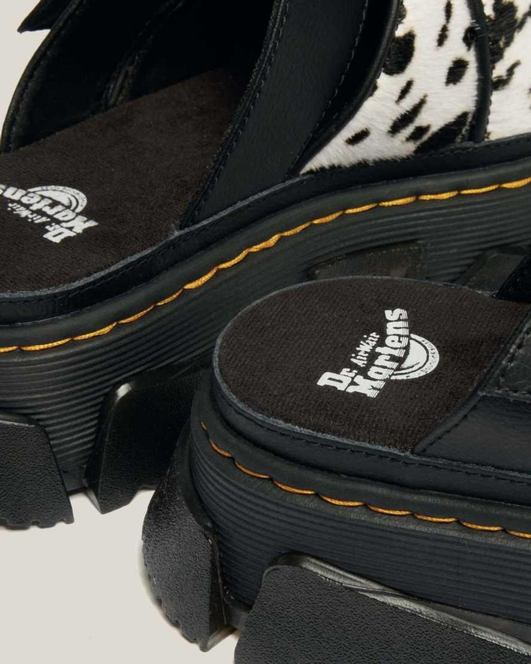 Dr. Martens Black Mattison Slides Dalmatian Hair On Leather Sandals