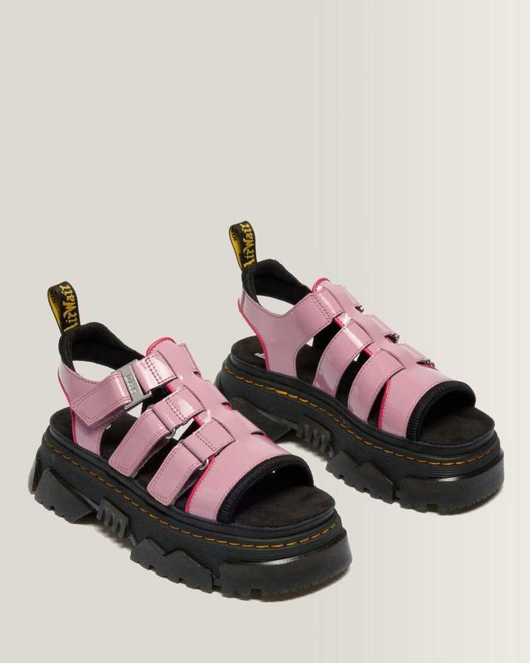 Dr. Martens Pink Mattison Three Strap Soft Patent Leather Sandals