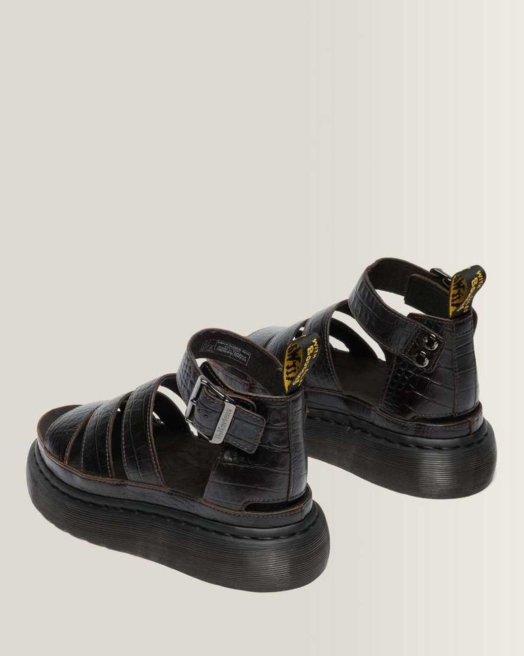 Dr. Martens Black Clarissa Strap Croc Embossed Leather Quad Sandals