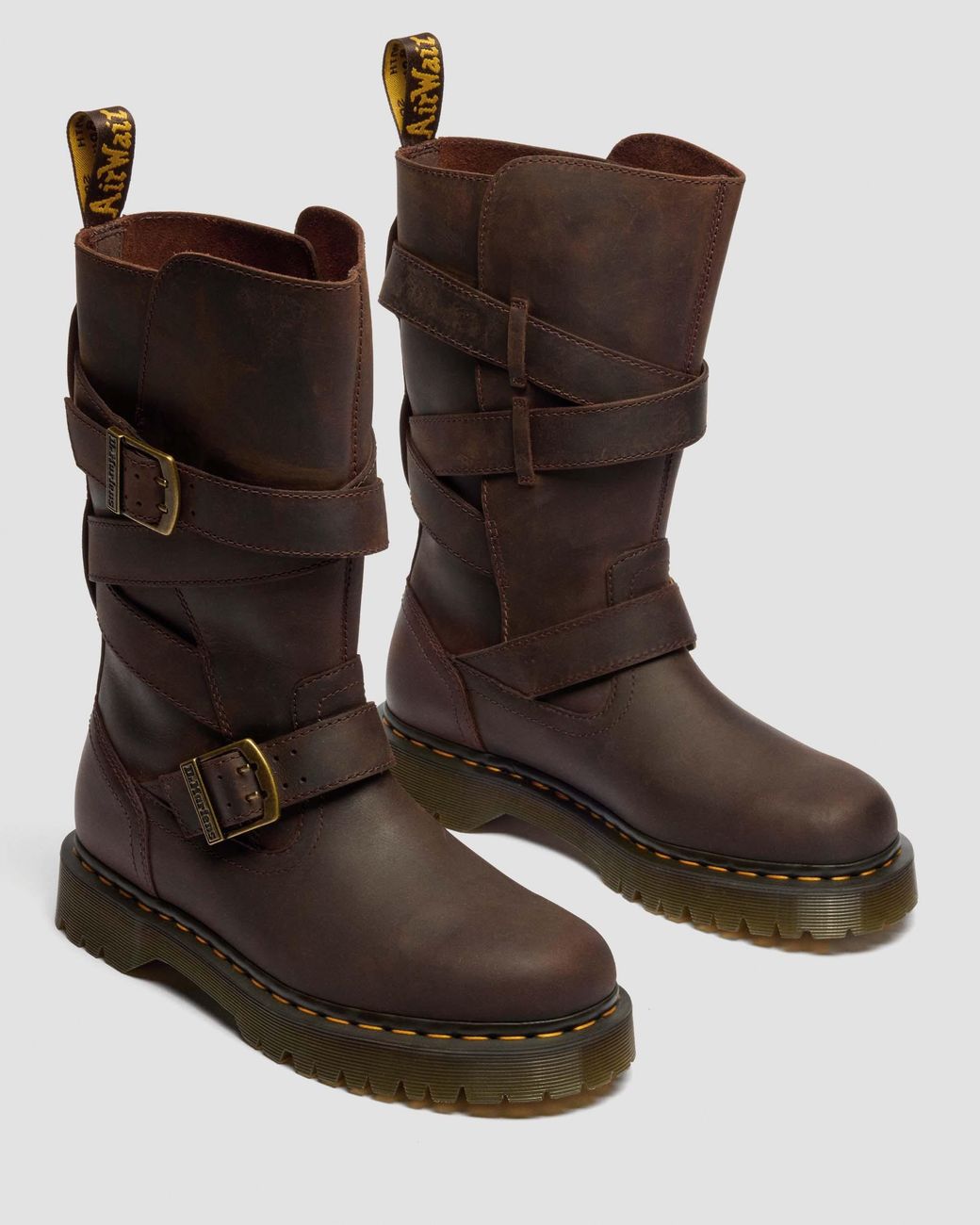 Dr. Martens Anistone Crazy Horse Leren Biker Laarzen Met Twee Riemen in het Brown