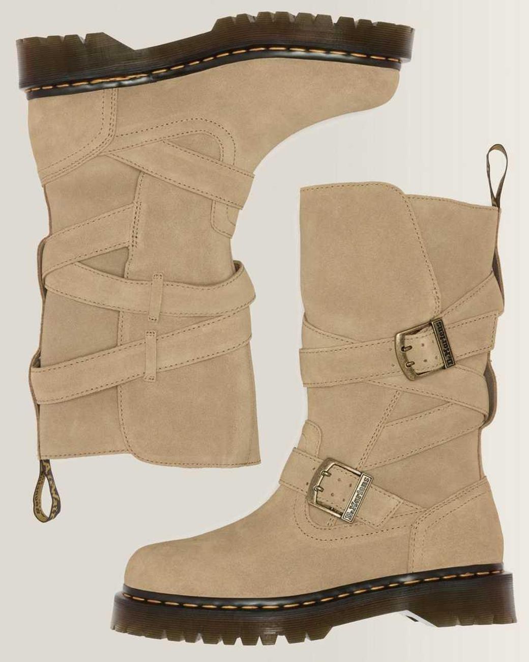 Dr. Martens Natural Anistone Two Strap Suede Biker Boots