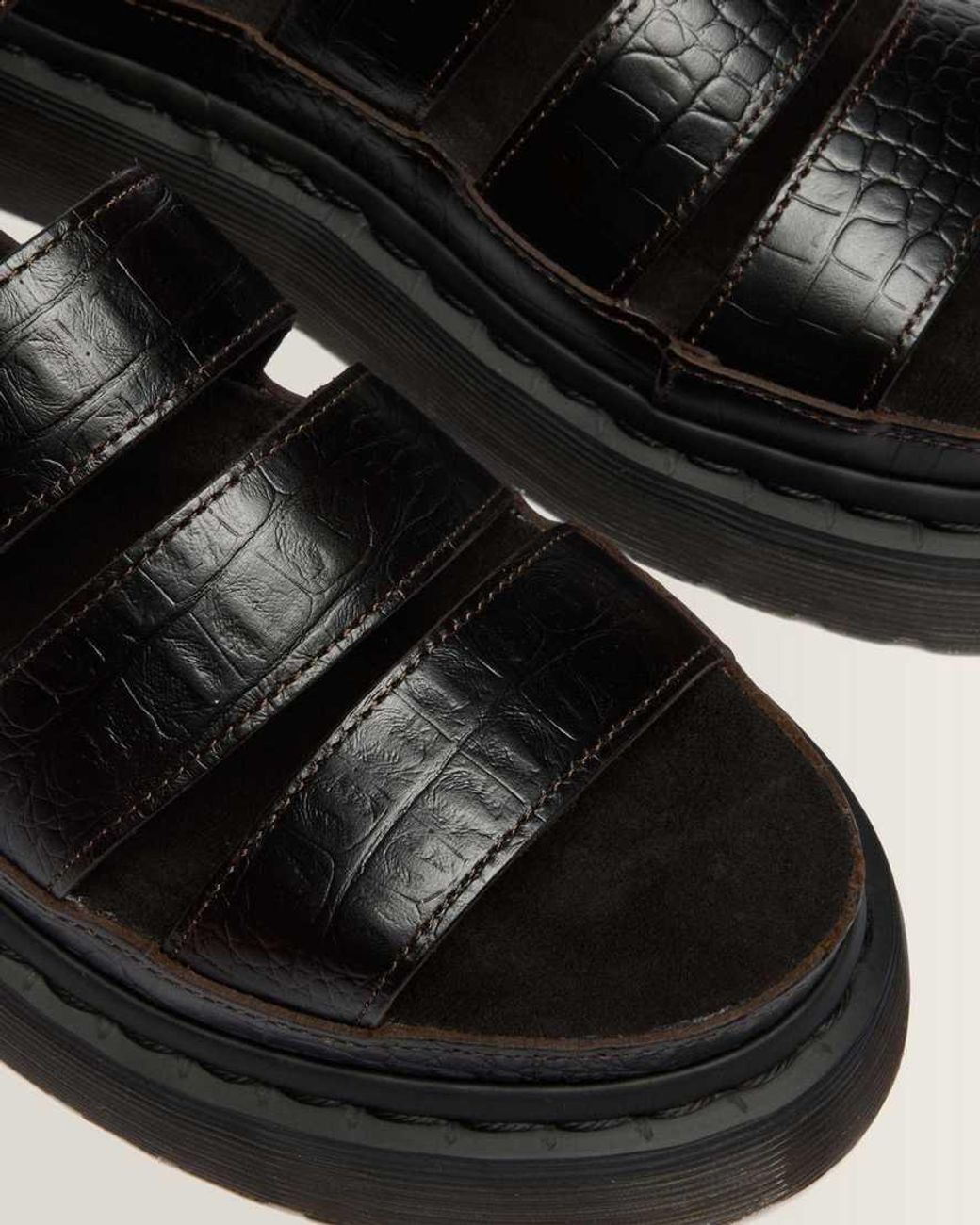 Dr. Martens Black Clarissa Strap Croc Embossed Leather Quad Sandals
