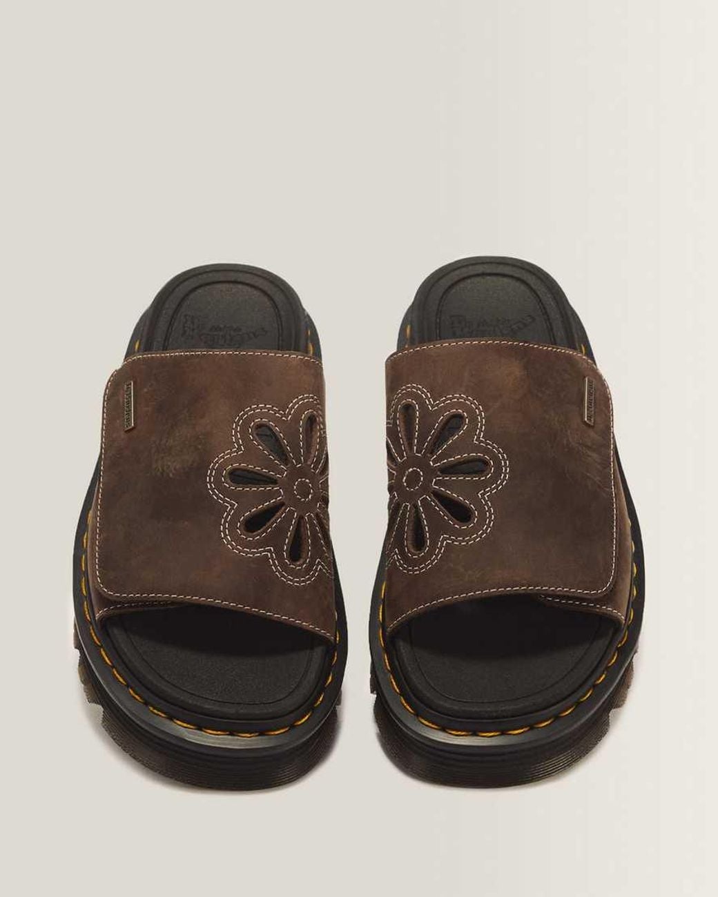 Dr. Martens Brown Zebzag Flower Crazy Horse Leather Slides