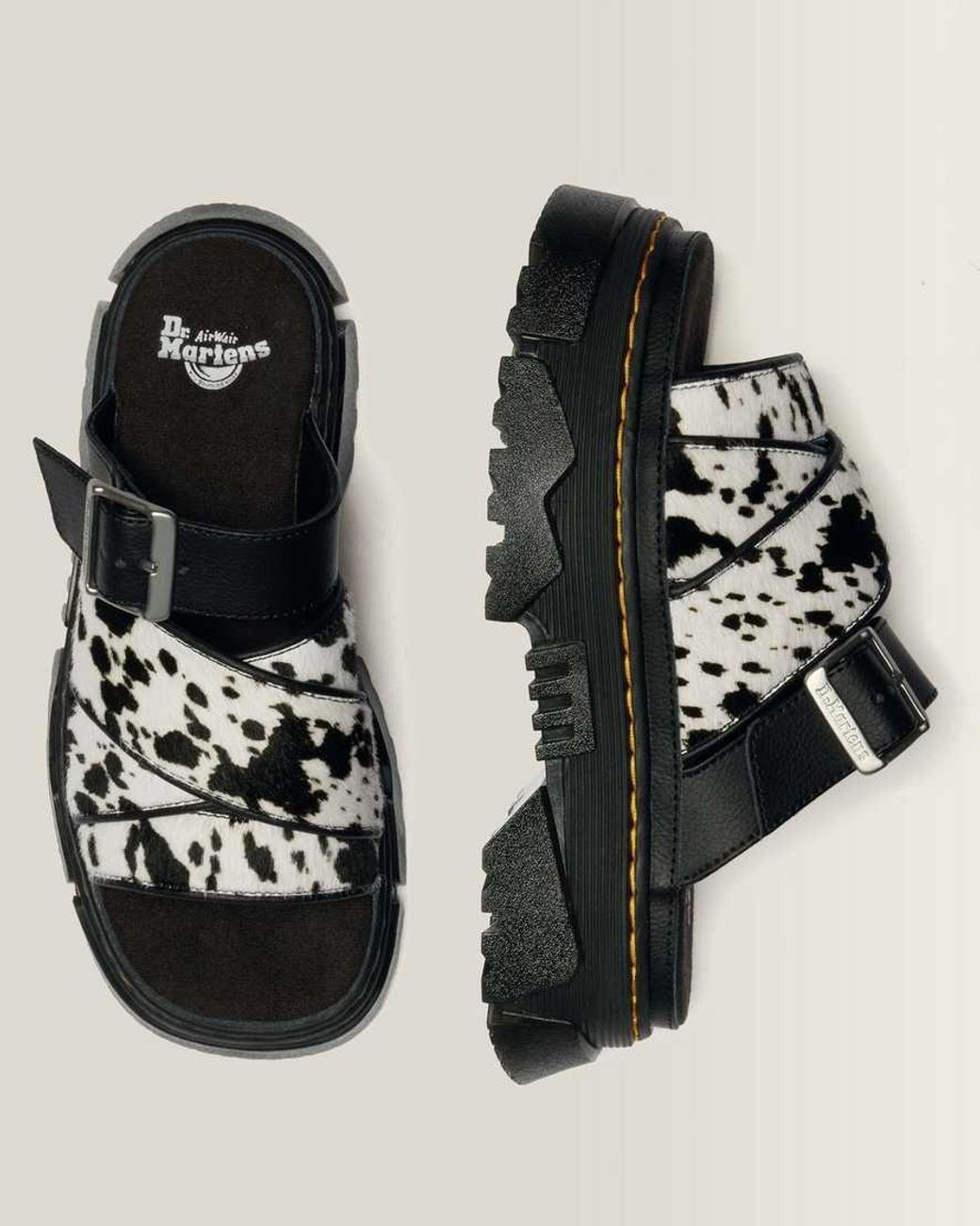Dr. Martens Black Mattison Slides Dalmatian Hair On Leather Sandals