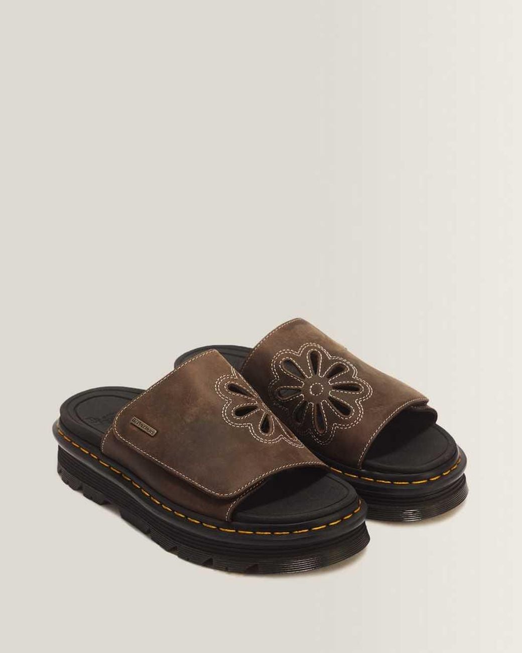 Dr. Martens Brown Zebzag Flower Crazy Horse Leather Slides