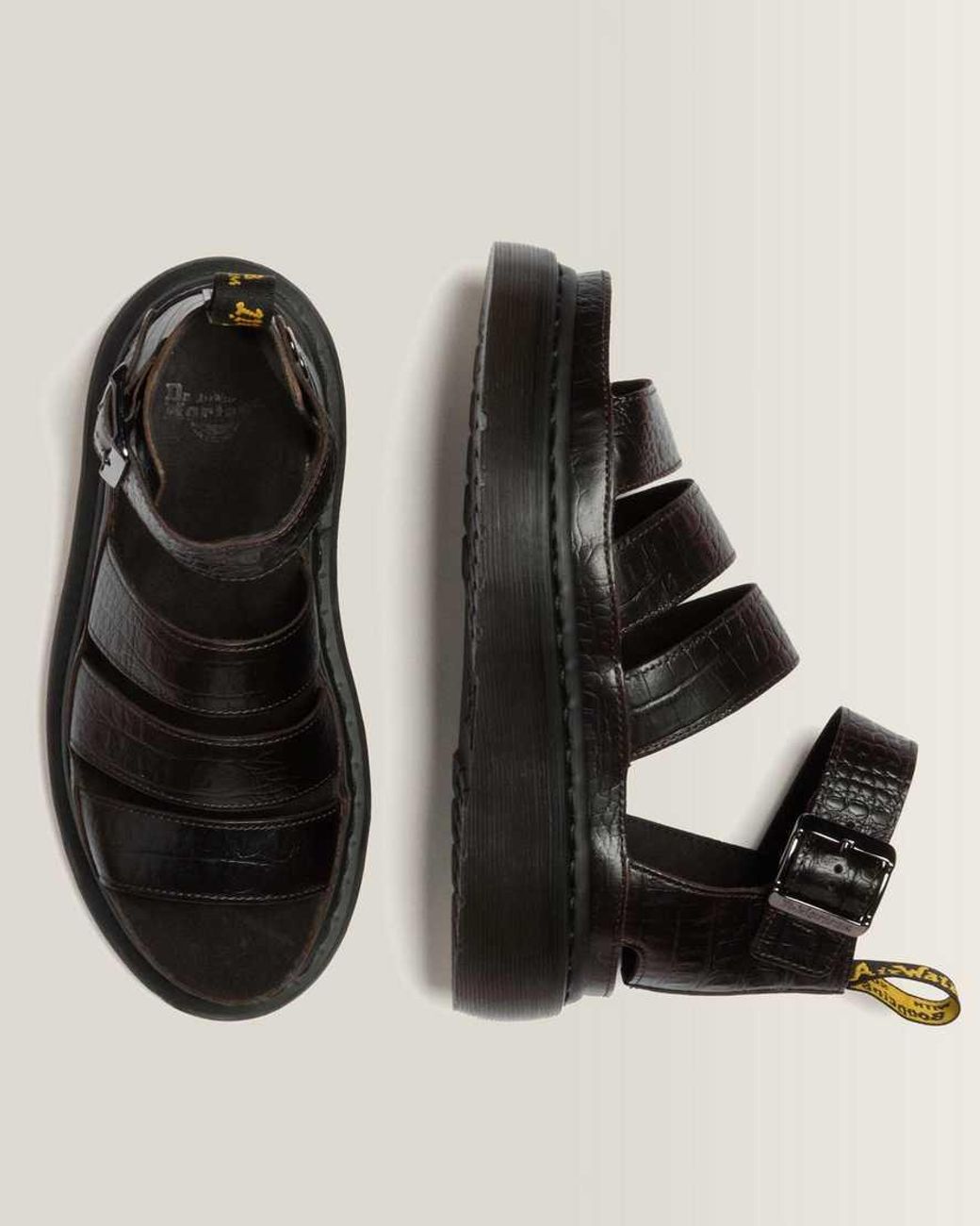 Dr. Martens Black Clarissa Strap Croc Embossed Leather Quad Sandals