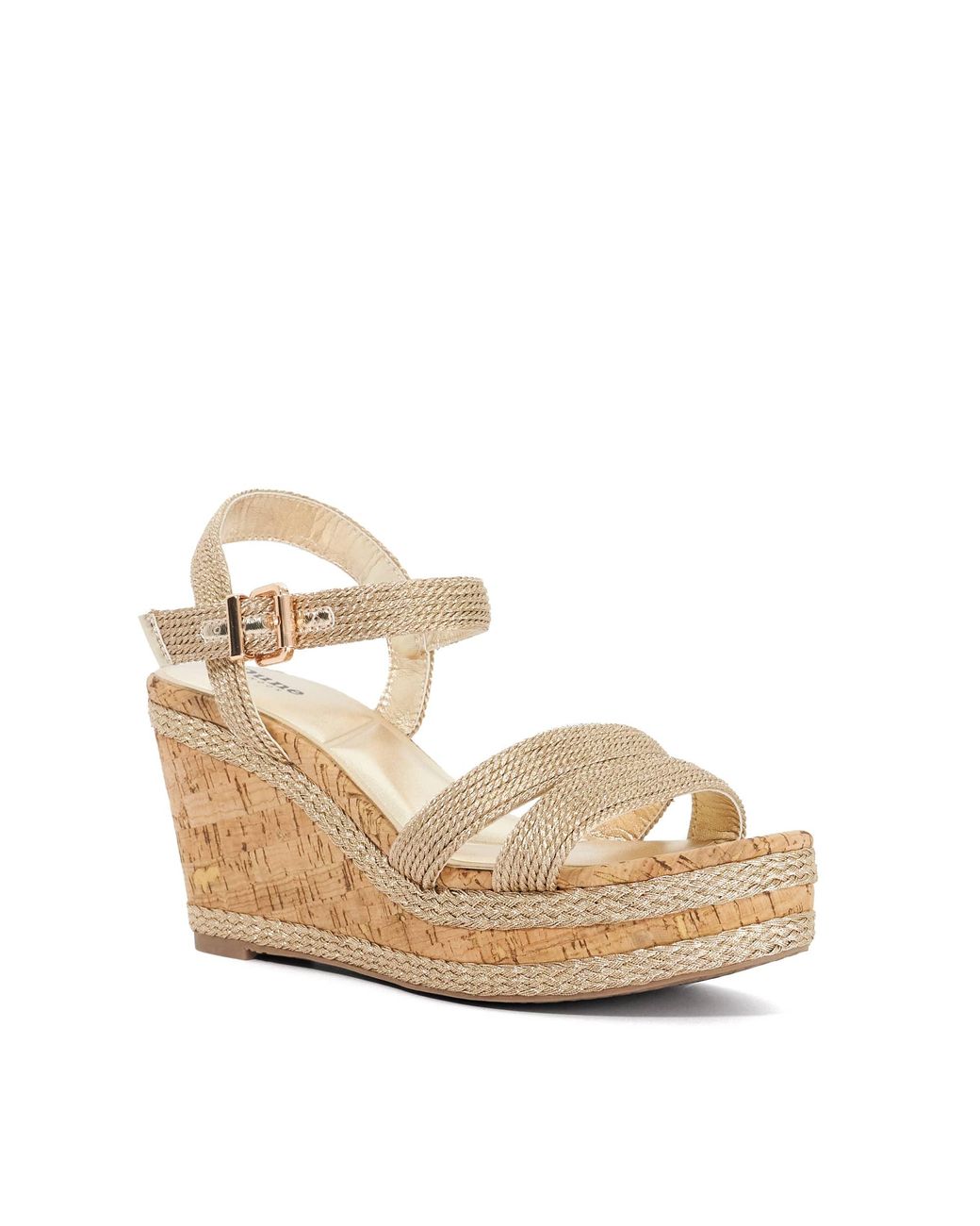 Dune Metallic Kipling Cork Wedge Sandals