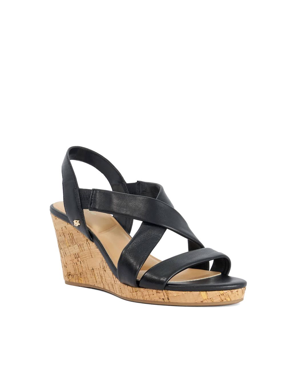 Dune Blue Kamies Leather Cork Wedge Sandals