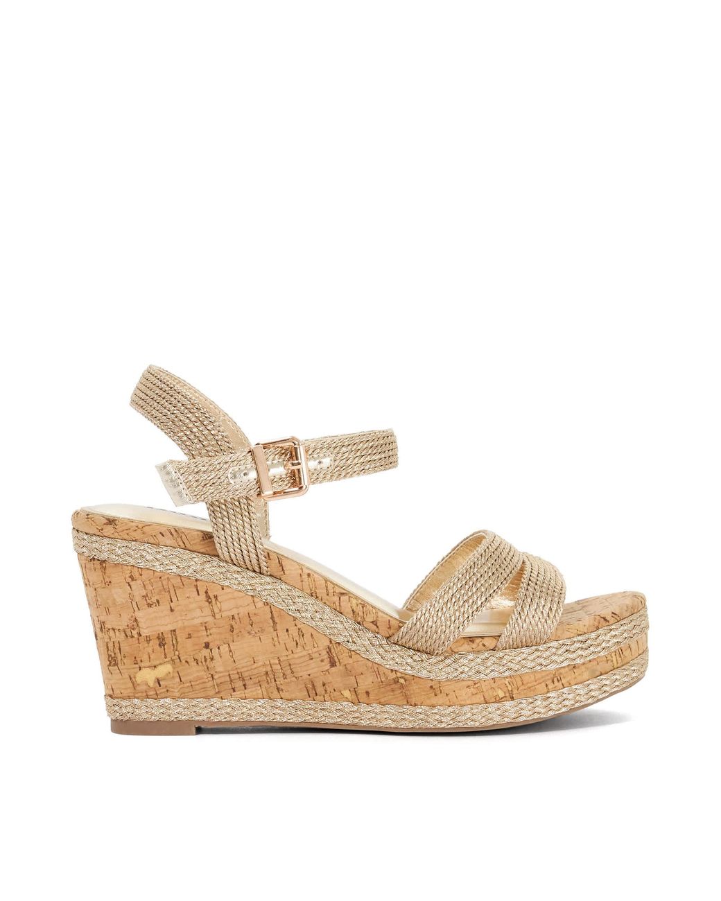 Dune Metallic Kipling Cork Wedge Sandals