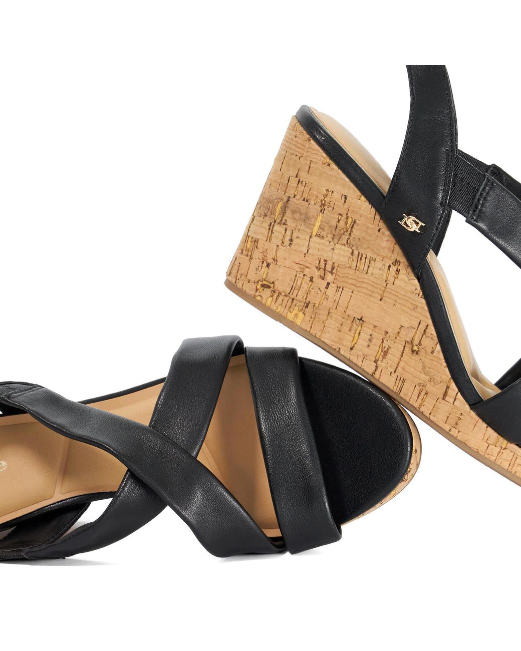 Dune Blue Kamies Leather Cork Wedge Sandals