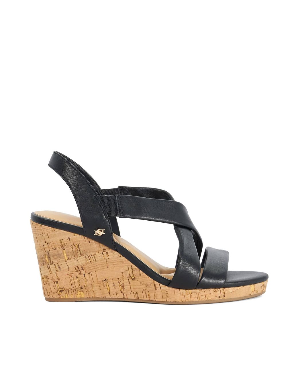 Dune Blue Kamies Leather Cork Wedge Sandals