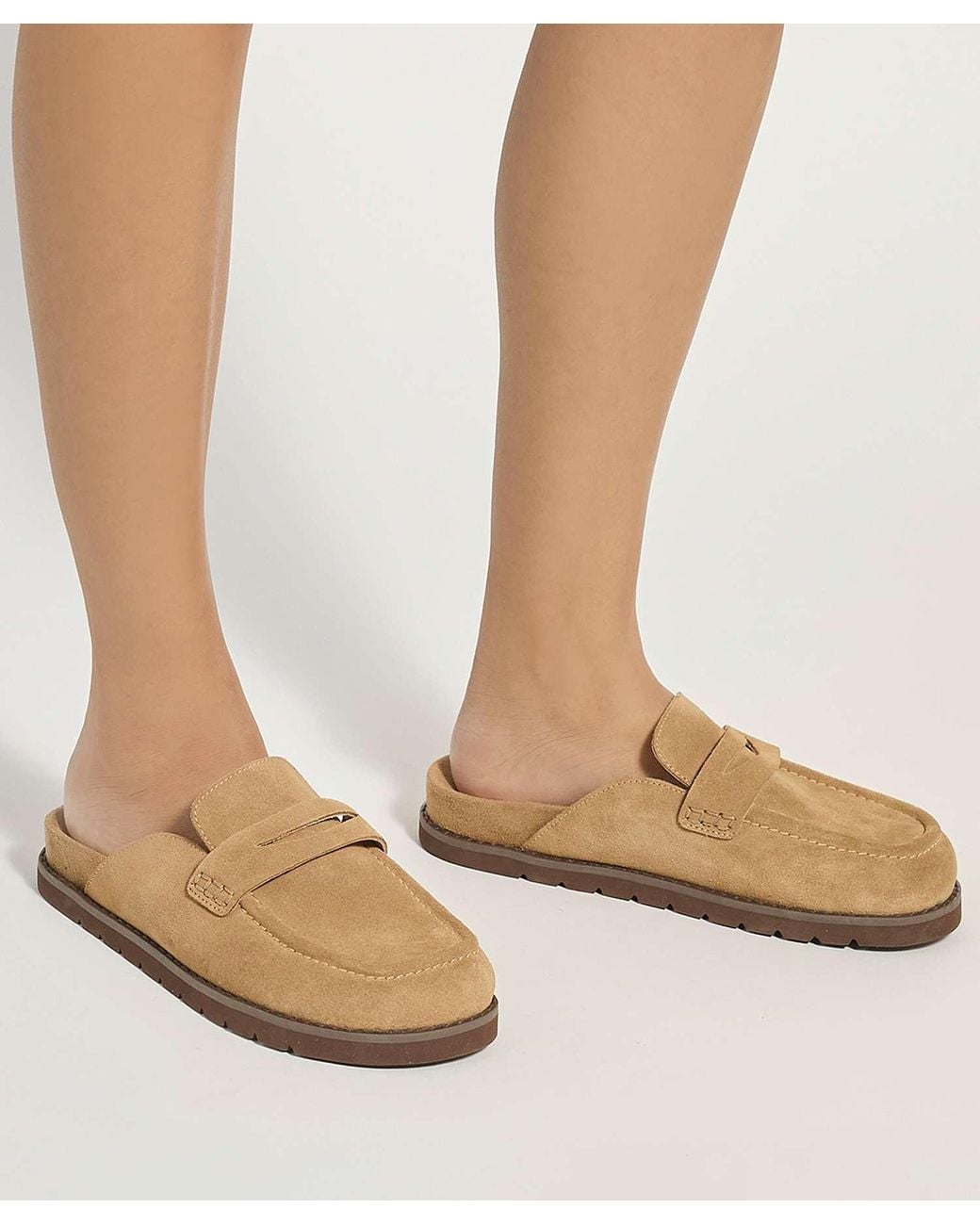 Dune Natural Goldens Suede Backless Mule Loafers