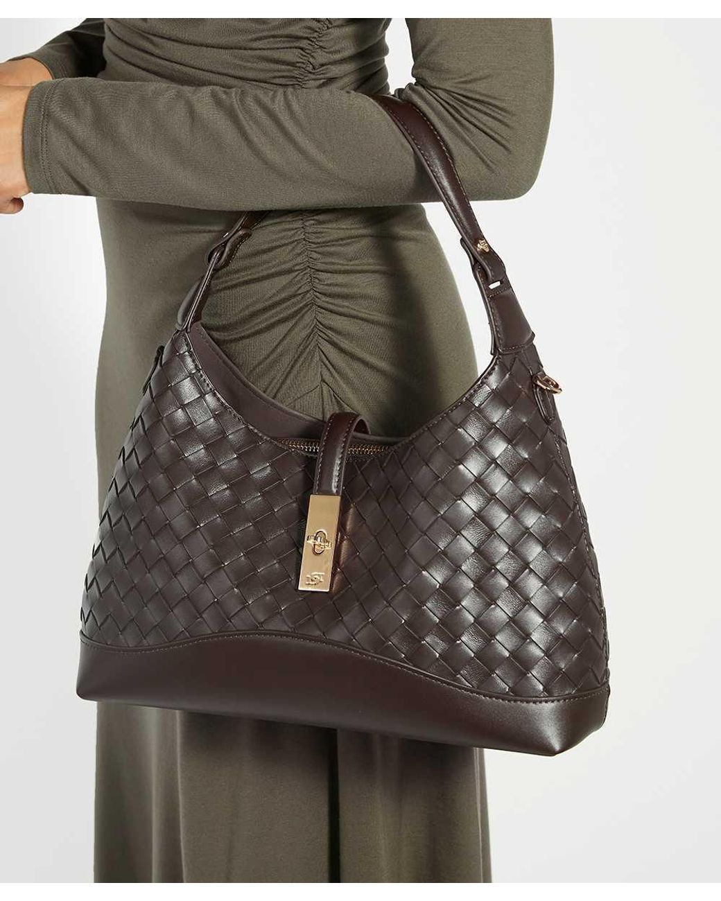 Dune Brown Dorset Woven Turn Lock Shoulder Bag