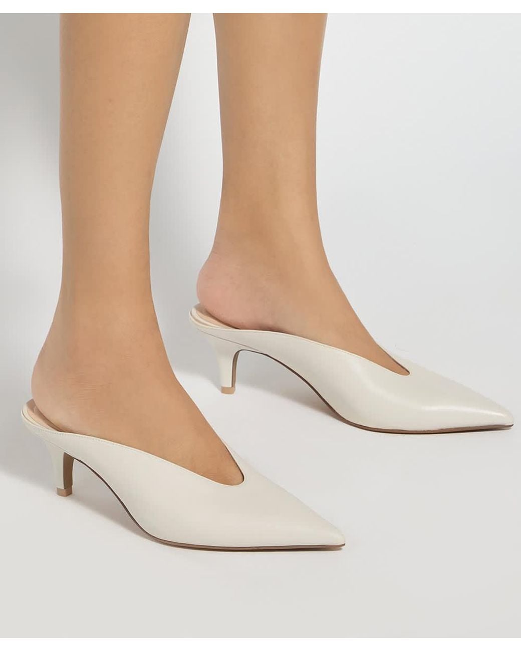 Dune White Decisive Pointed Toe Kitten Heel Leather Mules