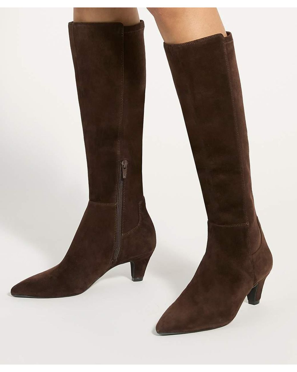 Dune Brown Sera Low Suede Knee-High Boots