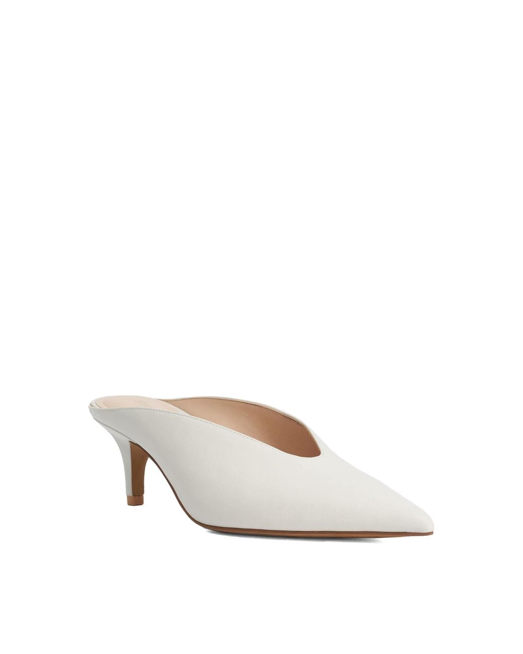 Dune White Decisive Pointed Toe Kitten Heel Leather Mules