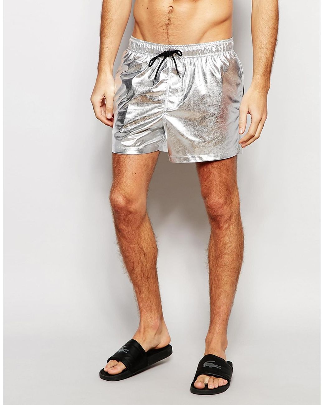 ASOS Short Length Swim Shorts In Metallic Silver for Men Lyst