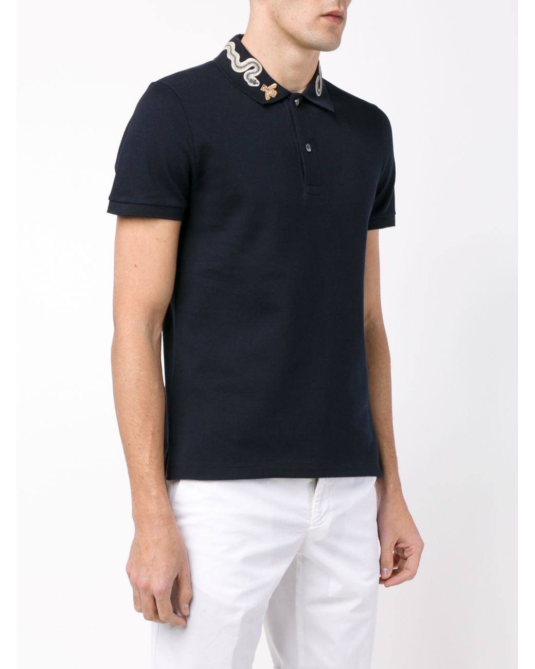 Gucci Snake And Bee Collar Polo Shirt in Blue for Men | Lyst