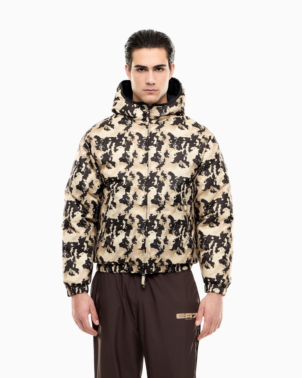 EA7 Brown Bomber Jacket Oversized Fit Padded Hooded With Graphic for men