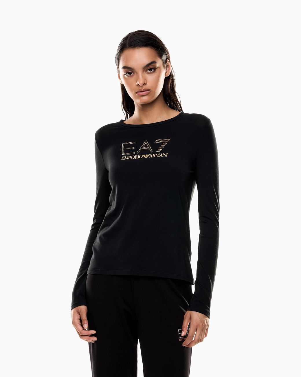 EA7 Black Stretch T-Shirt With Crew Neck And Long Sleeves Evolution