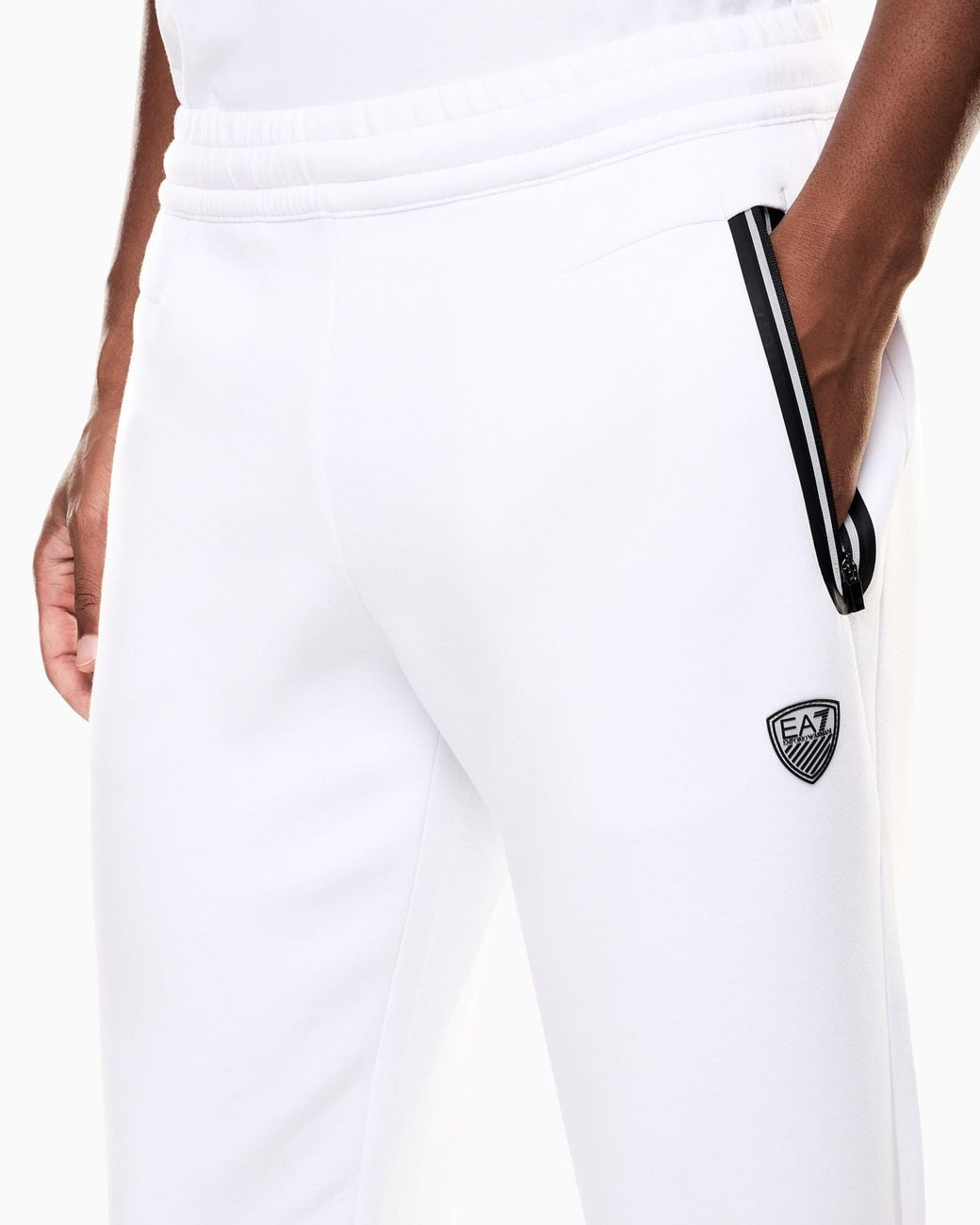 EA7 White Slim-Fit Jersey Pants Premium Shield With A Metal Logo for men