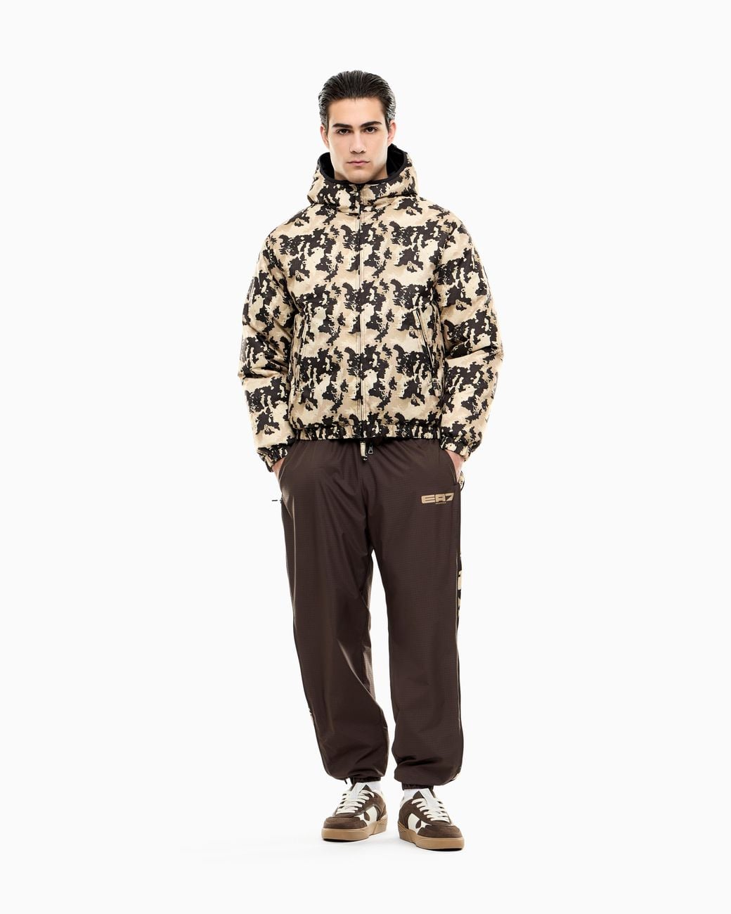 EA7 Brown Bomber Jacket Oversized Fit Padded Hooded With Graphic for men