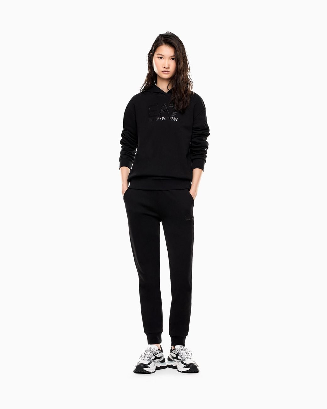 EA7 Black Stretch Hooded Sweatshirt With Micro Studs Logo Series