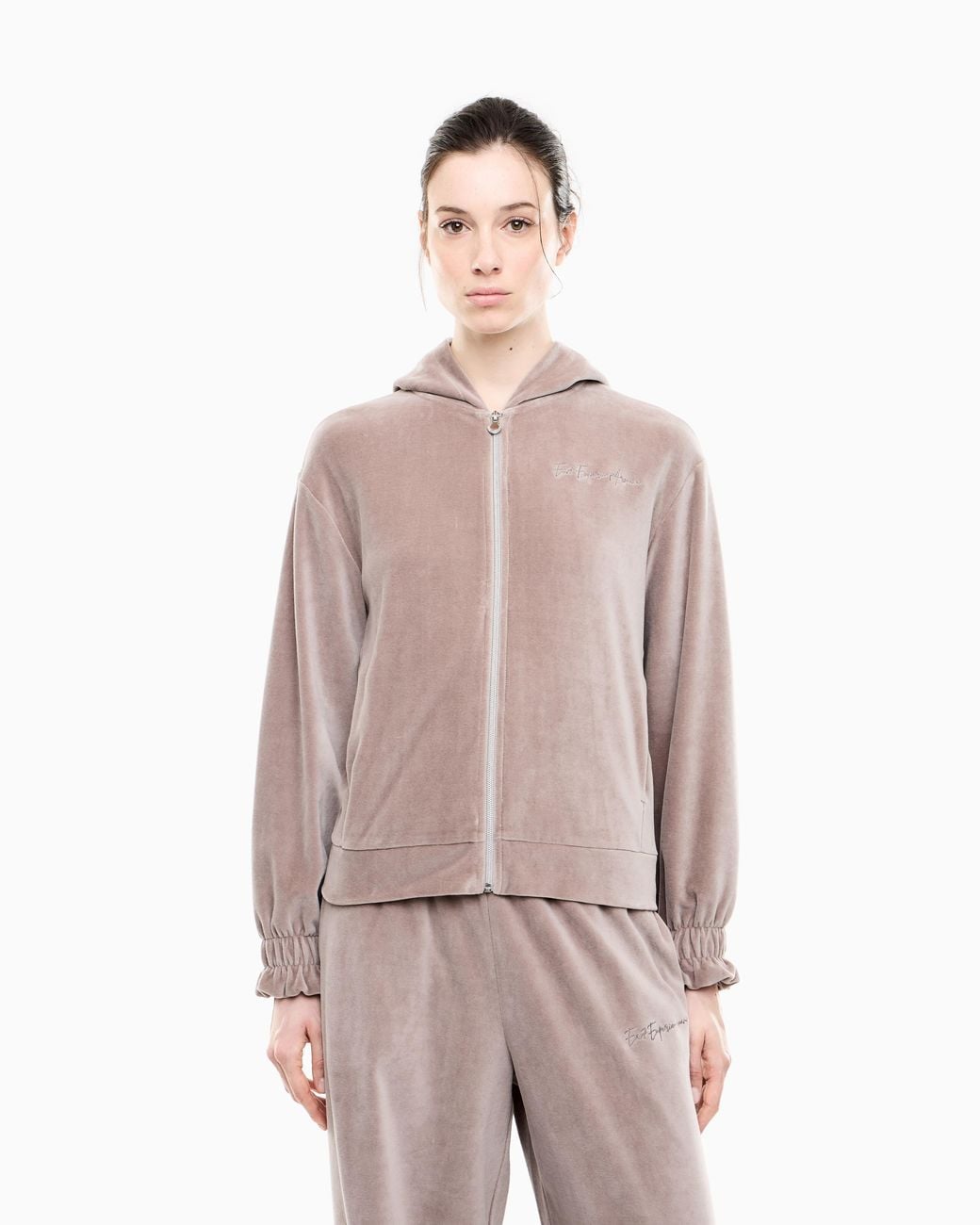 EA7 Gray Regular Fit Full-Zip Hoodie Athletic Velour