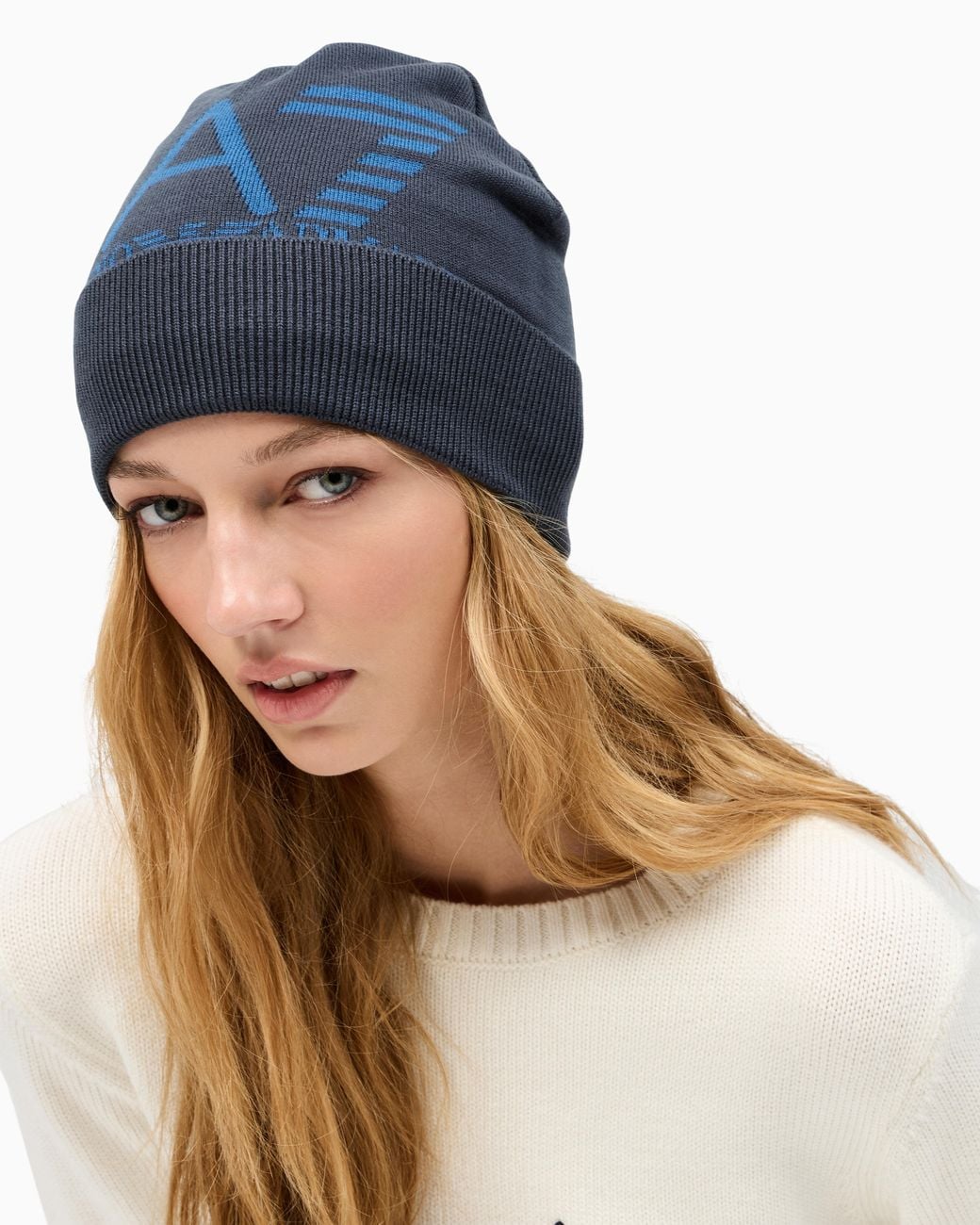 EA7 Blue Cuffed Beanie With Jacquard Logo Mountain Visibility