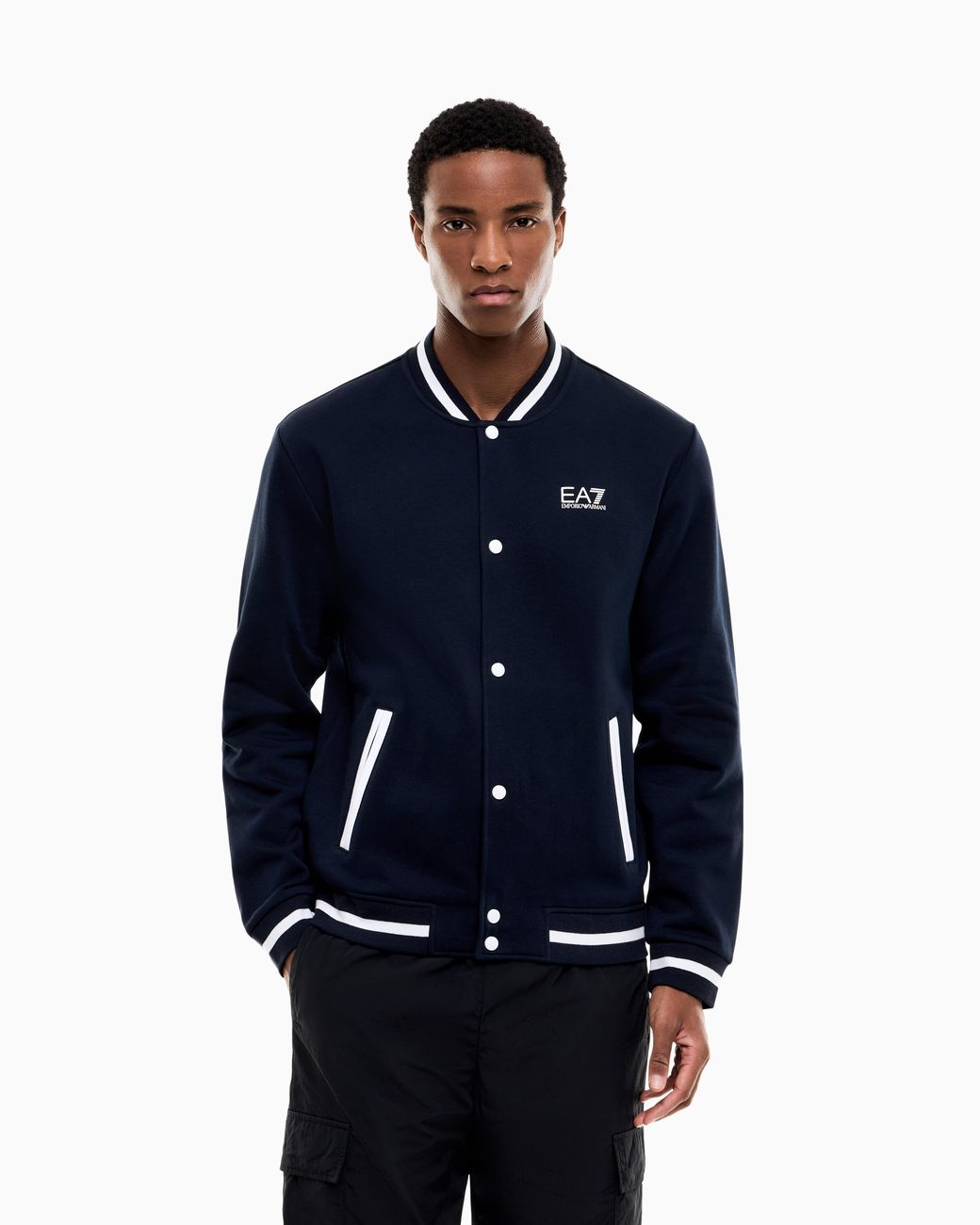 EA7 Blue Sweatshirt Core Identity With Button-Up Baseball Collar for men