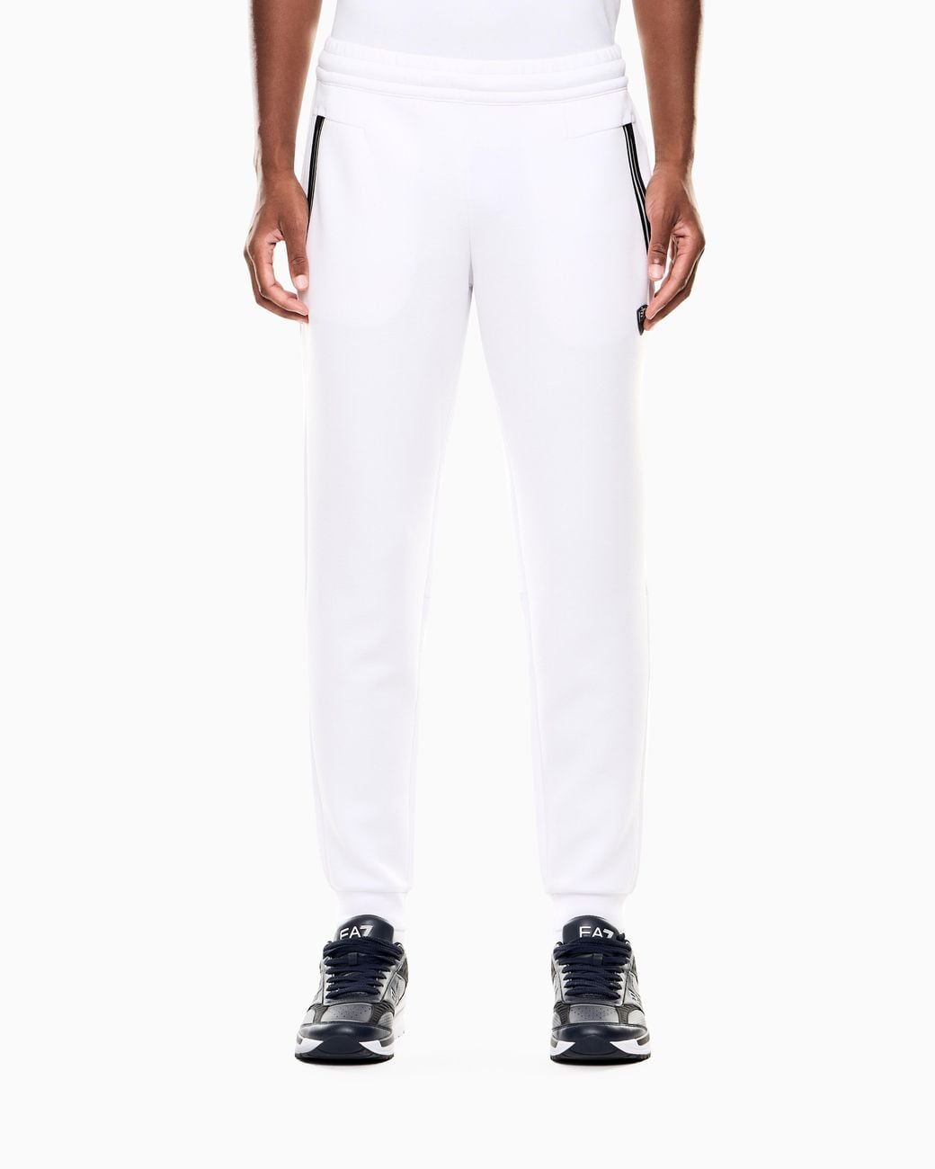 EA7 White Slim-Fit Jersey Pants Premium Shield With A Metal Logo for men