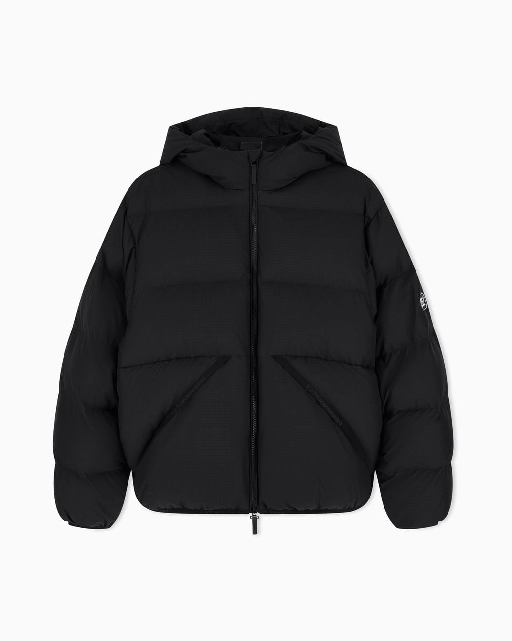 EA7 Black Oversized Padded Hooded Bomber Jacket With Graphics for men
