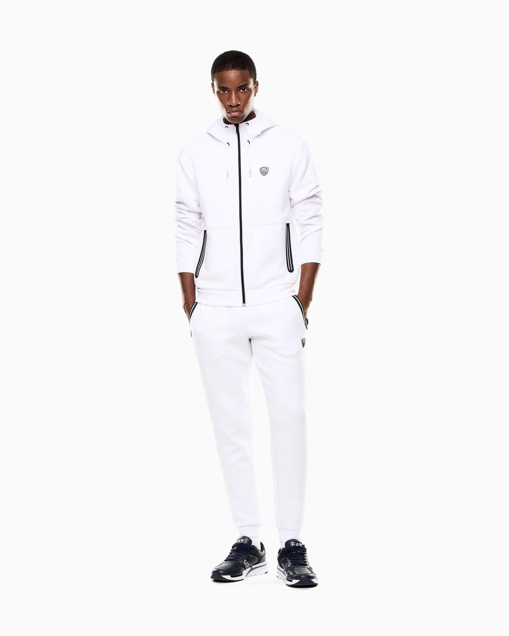 EA7 White Slim-Fit Jersey Pants Premium Shield With A Metal Logo for men