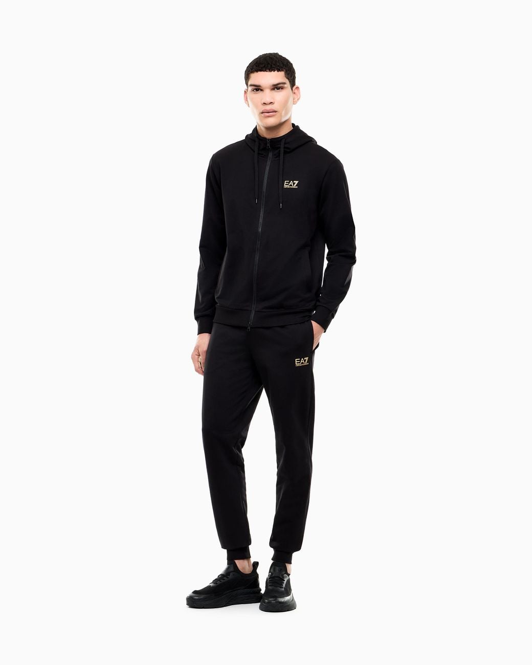EA7 Black Cotton Two-Piece Suit With A Zip Hoodie Core Identity for men