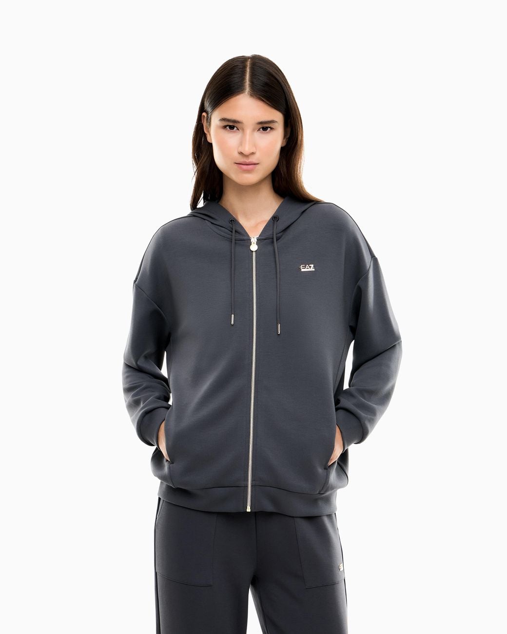 EA7 Blue Oversized Full-Zip Hoodie Core Lady Relax