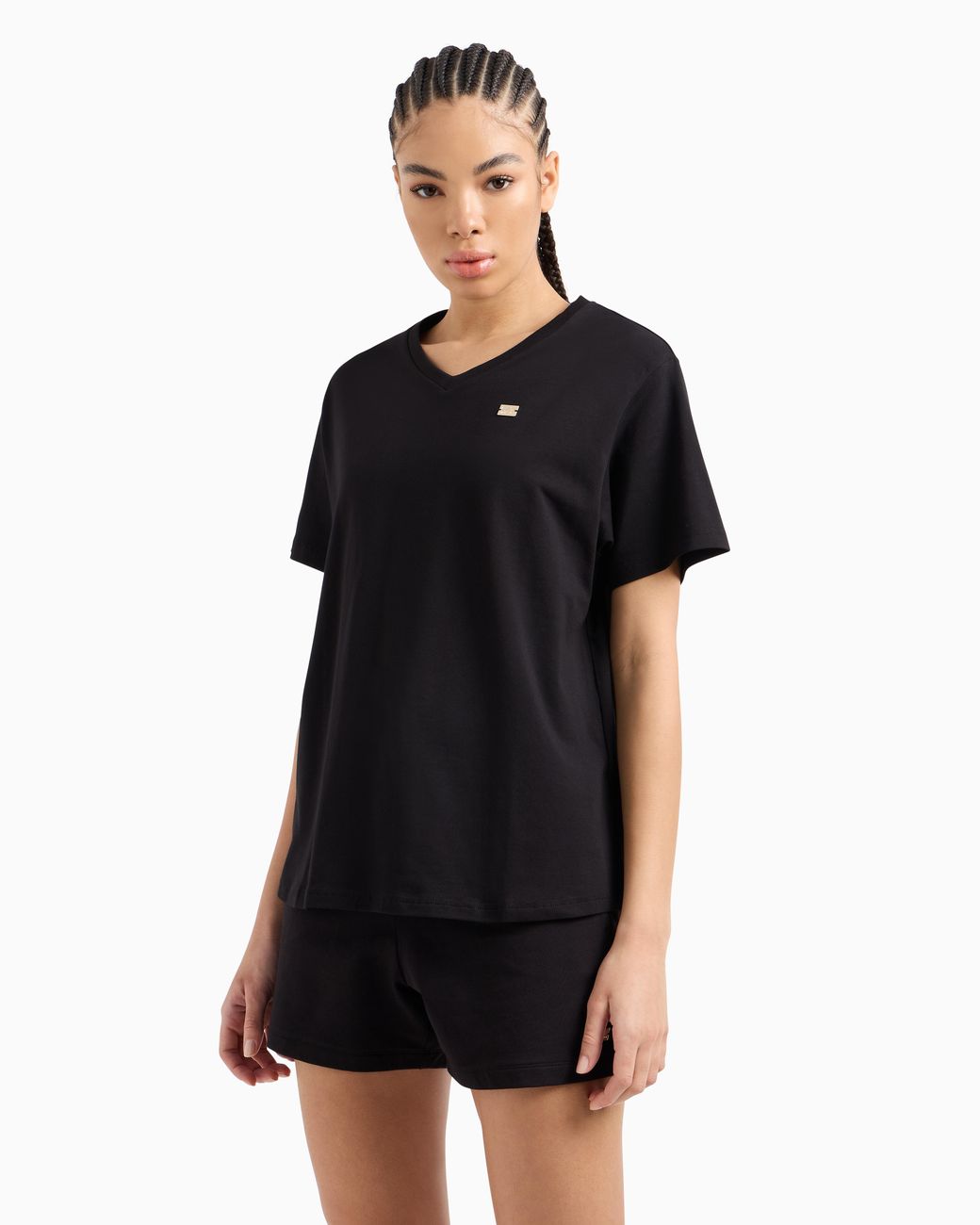 EA7 Black Core Lady Stretch Cotton Jersey V-Neck T-Shirt