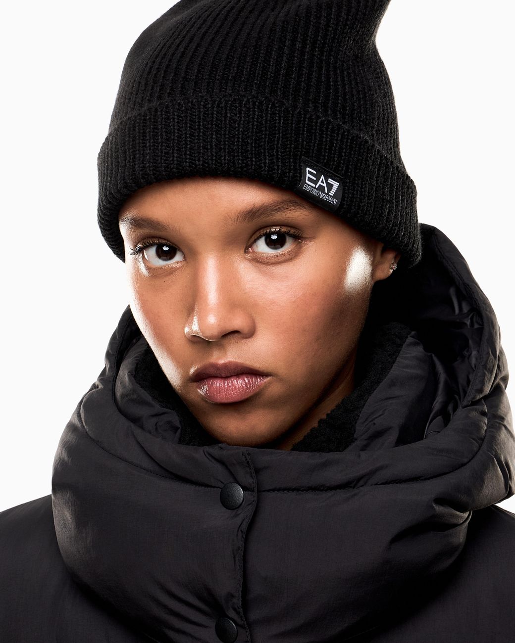 EA7 Black Fisherman Wool Knit Beanie With Logo Mountain Core