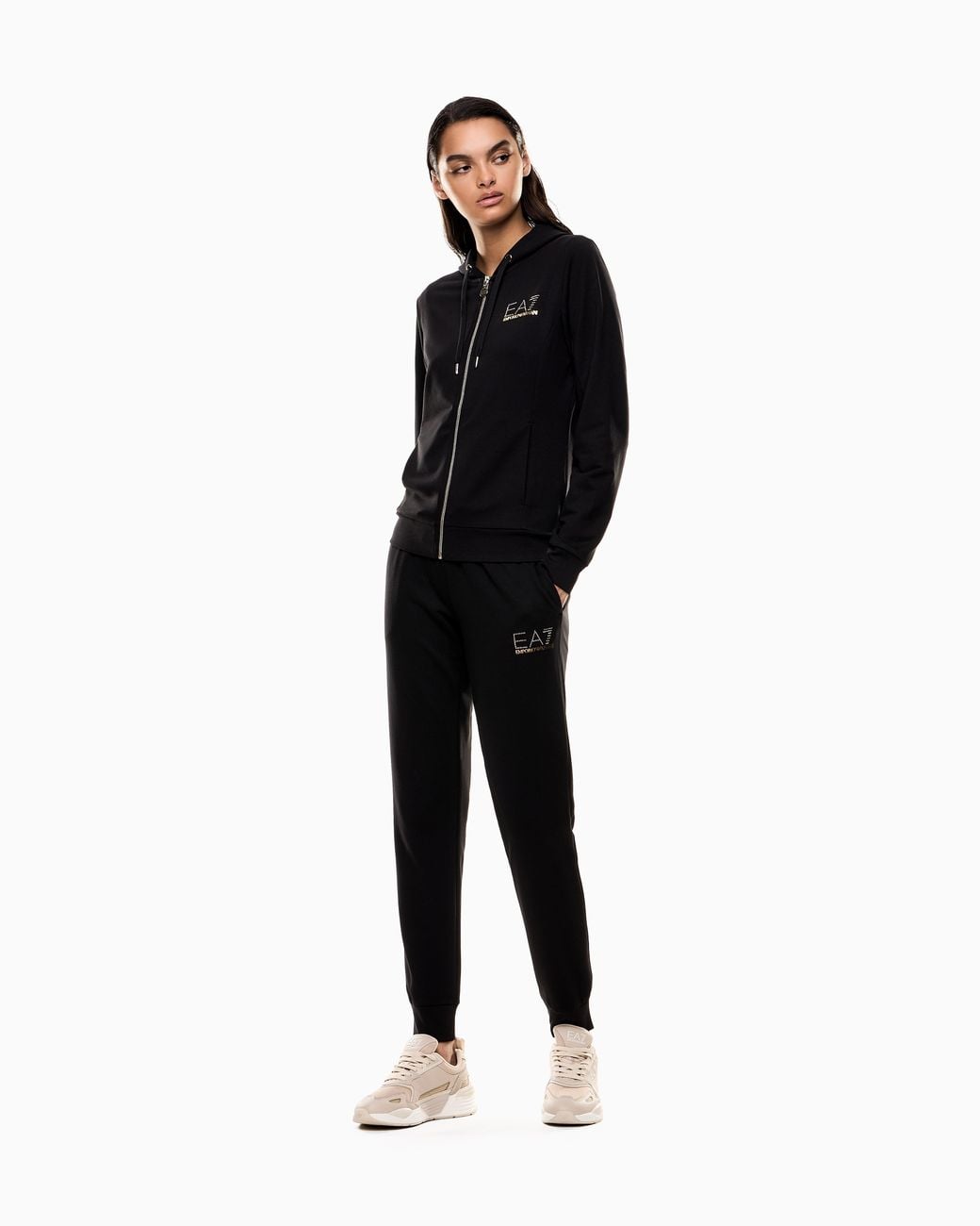 EA7 Black Viscose Suit With A Zip-Up Hoodie And Micro-Studs Tracksuit