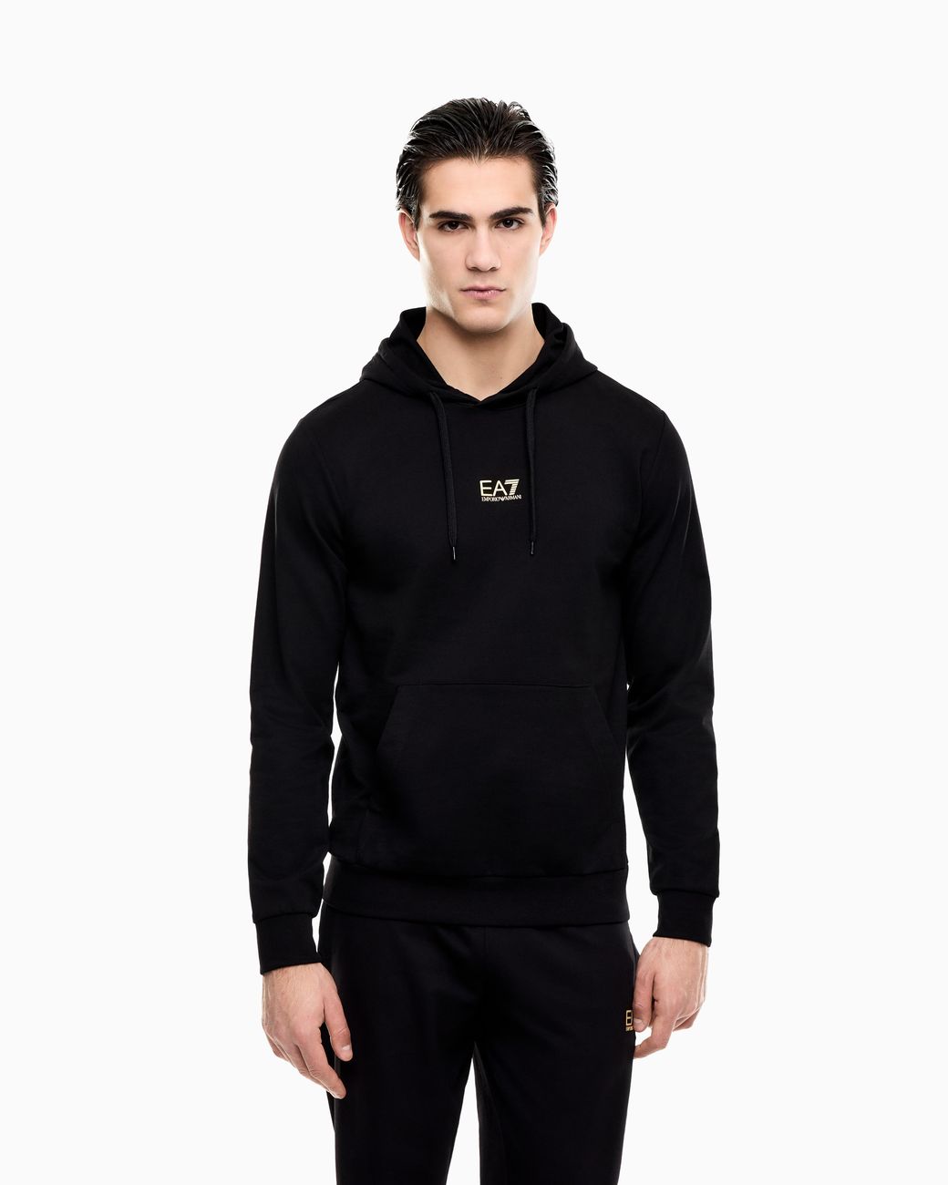 EA7 Black Cotton Pullover Hooded Sweatshirt From Core Identity for men
